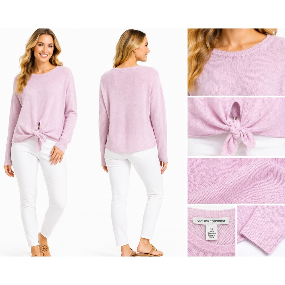 Autumn Cashmere Sweater Women XS Pink Long Sleeve Front Tie Pullover Soft Luxury